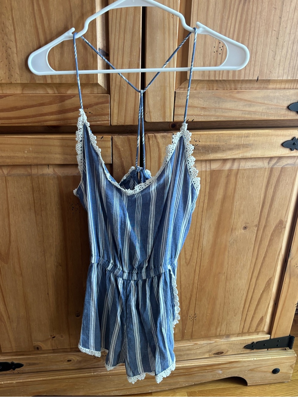 Abercrombie & Fitch Blue and White Striped Lace-Trim  Romper